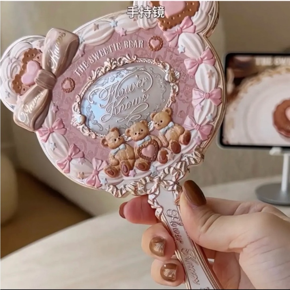 Flower Knows Sweetie Teddy Bear Handheld Makeup Beauty Mirror in Pink BNIB